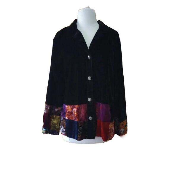 Coldwater Creek velvet Jacket Black Colorful Patchwork Boho Shacket Sz M - Picture 1 of 7
